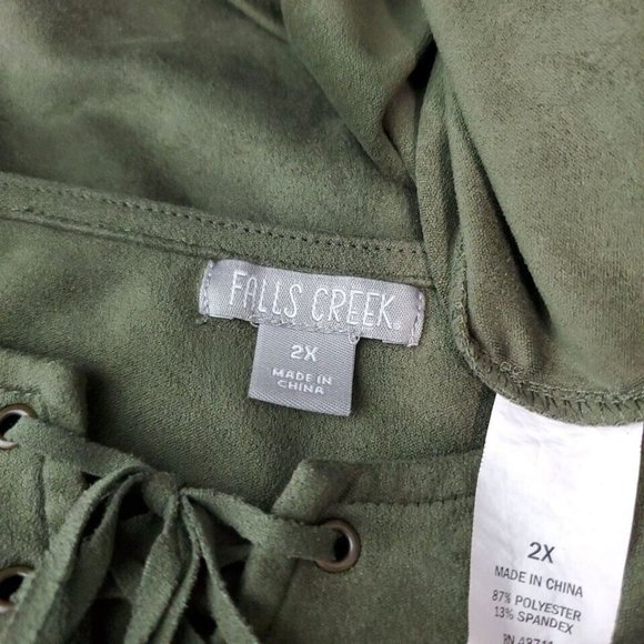 Falls Creek Top Plus Sz 2X Faux Suede Lace Up Cropped Stretch Short Sleeve Green - Picture 5 of 6